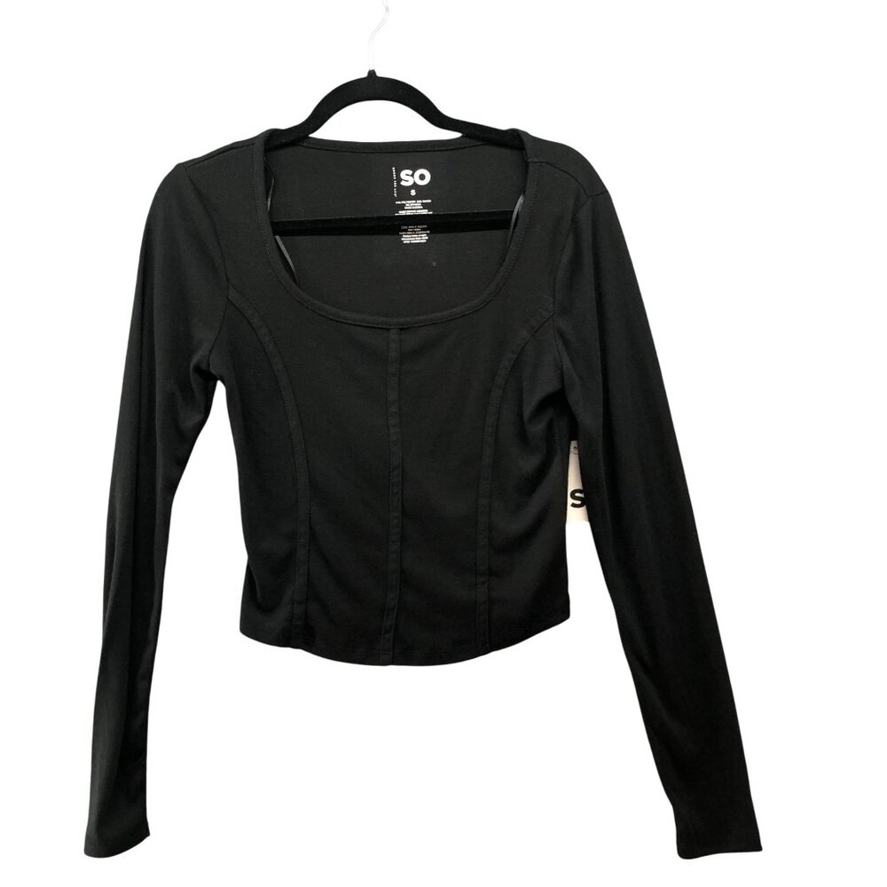 NWT SO Long Sleeve Sqaure Neck Top Womens S Black Luxe Seamed Cropped Soft